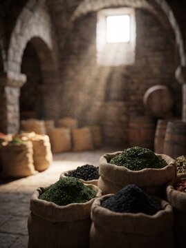 Rustic stone cellar filled with burlap sacks of aromatic herbs and spices, dramatic sunbeams streaming through a small window, cinematic lighting, traditional market atmosphere, organic food backgroun