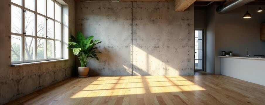 Spacious loft with exposed concrete and hardwood floors Large window provides natural light , wood, modern, light