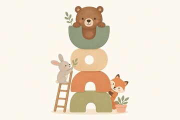 Obraz premium Cute woodland animals around stacked colorful arches