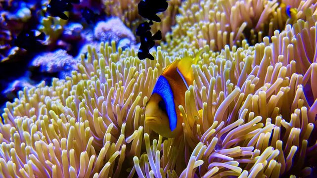 Bright orange and blue Red Sea clownfish swimming among the flowing tentacles of a sea anemone