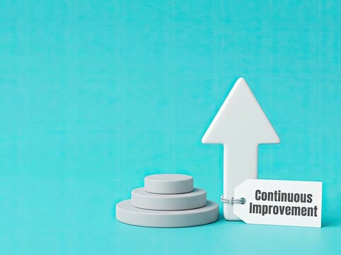White upward arrow with stacked steps and continuous improvement tag ideal for corporate growth content symbolizing progress and success
