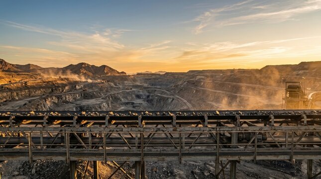 Massive open pit mine operation with a conveyor belt at sunset for industrial resource extraction