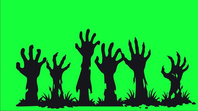 Halloween animated silhouetted zombie hands rising from the ground 4k green screen background.
