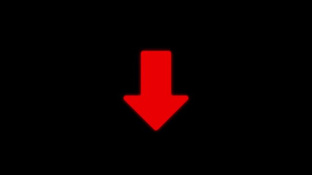 Animated arrow pointing down on black background. Abstract glowing down arrow icon animation