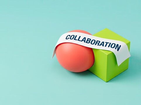Red sphere and green cube bound by a collaboration ribbon suitable for corporate media symbolizing teamwork unity and shared goals