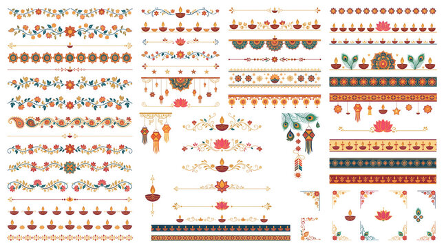 Collection of diwali decorative dividers and floral borders with traditional oil lamps and peacock feather accents