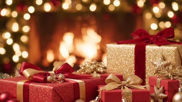 Beautiful festive New Year and Christmas gifts in red and gold packaging with bows, set against the backdrop of a cozy fireplace with a burning fire and a glowing string of lights; a festive winter vi