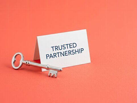 Silver key next to trusted partnership card on red background perfect for business media representing security mutual trust and success