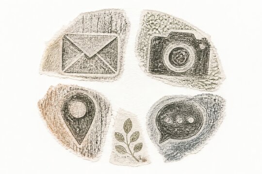 Email camera location and chat icon collection in textured style