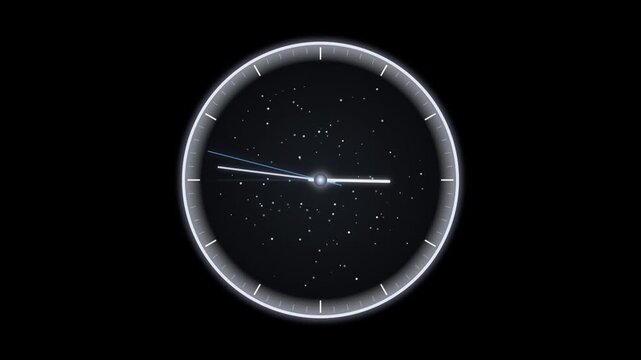 Minimalist clock face design with a starry night sky background and sleek, modern hands indicating time in a dark, celestial aesthetic