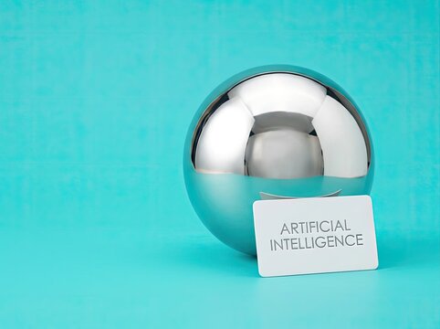 Shiny chrome sphere with artificial intelligence card on cyan background ideal for tech content symbolizing modern AI innovation and digital clarity