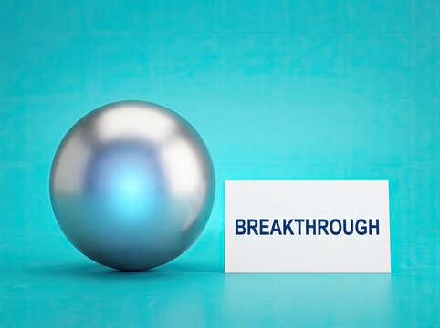 Silver sphere next to a breakthrough card on teal backdrop ideal for corporate media symbolizing innovation success and strategic progress