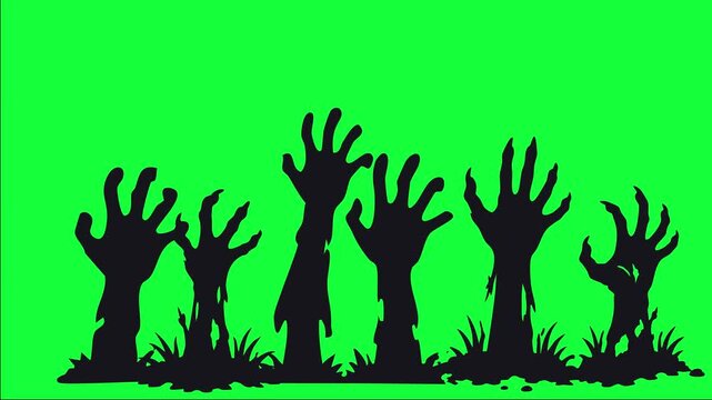 Halloween animated silhouetted zombie hands rising from the ground 4k green screen background.