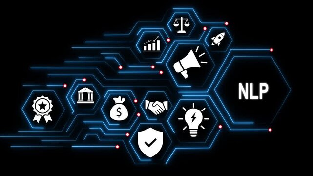 Advanced natural language processing nlp technology concept with digital hexagonal network interface, financial growth business strategy symbols, and cyber security for modern corporate data analysis