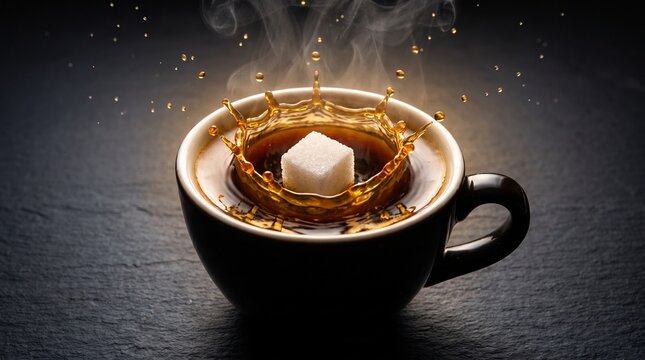 Sugar cube falling into a cup of hot coffee with splashes and steam