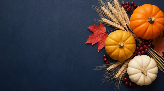 Autumn harvest composition with pumpkins wheat stalks and colorful fall leaves on a dark blue background