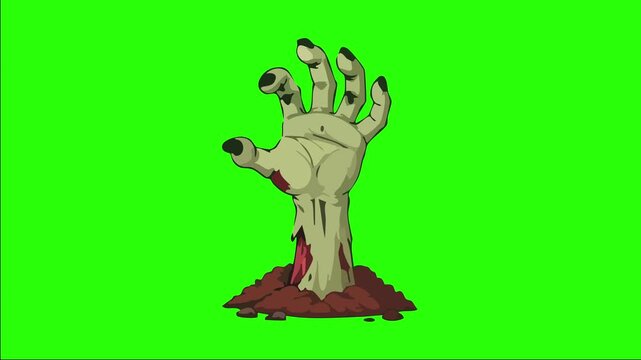 Halloween animated green zombie hand coming out of the ground 4k green screen background.