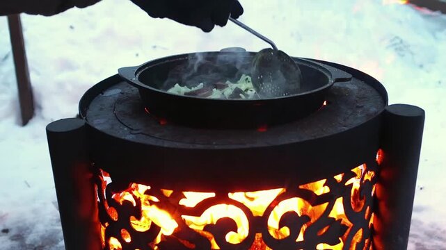 Person cooking meat and sliced onions outdoors in snowy weather as the first stage of traditional plov preparation. Hot pan, wood stove and bright flames visible.