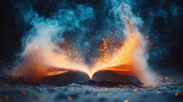 Multicolored dust swirls as thick book opens, revealing vibrant imagination in a dynamic moment