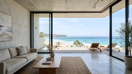 Fototapeta premium Modern luxury living room interior with panoramic ocean view and terrace.