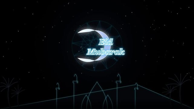 Minimalist night landscape with a stylized crescent moon and mosque silhouettes under a starry sky, digital vector illustration