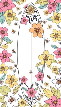 Floral pattern surfboard illustration with flower decoration in line style, vacation, games