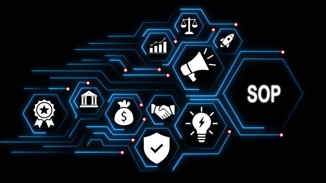 Standard operating procedure sop concept with digital hexagonal network interface featuring business for corporate strategy, workflow automation, management efficiency, and operations