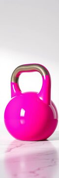 Glossy pink kettlebell with smooth surface and handle placed on light colored marble surface against white background, lifestyle, exercise