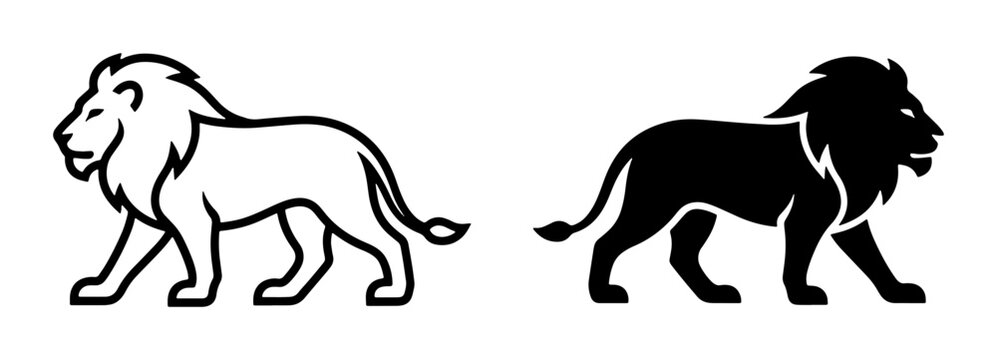 Lion silhouettes set with walking male lions and mane, graphic icons for logo or print