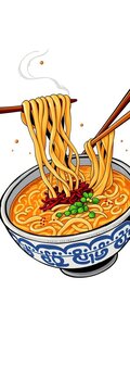 Steaming bowl of ramen noodles with chopsticks and anime-style artwork on white background, savory, sticks