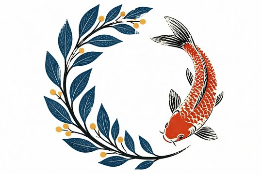Leafy wreath with orange koi fish in woodblock print style