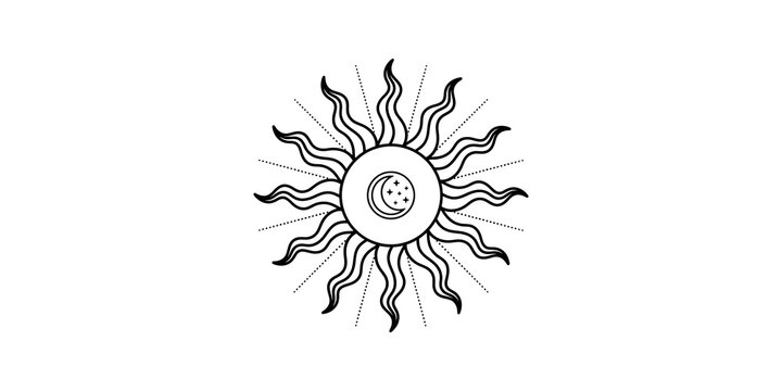 Stylized sun with crescent moon and stars celestial body motif.
