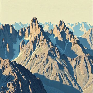 Vintage-style engraving of towering mountain peaks, engraving, majestic
