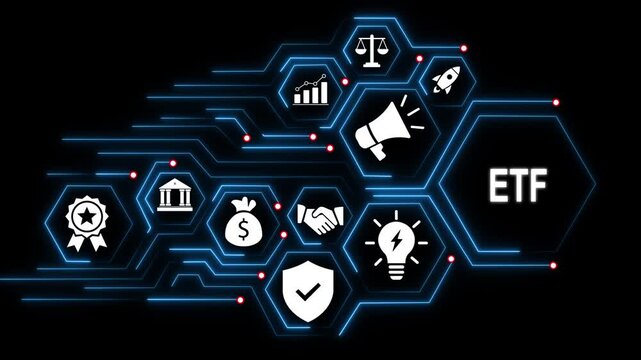 Dynamic etf exchange traded fund financial concept animation featuring glowing digital hexagon network nodes, business stock market growth trends, and modern fintech data visualization