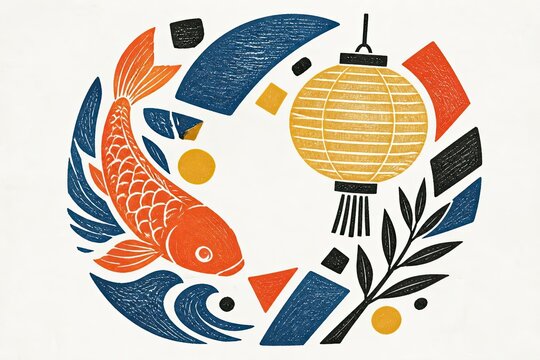 Koi fish and lantern with geometric shapes in woodblock print style