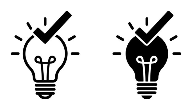 Light bulb idea silhouettes with checkmark for innovation, solution and success for logo or signage