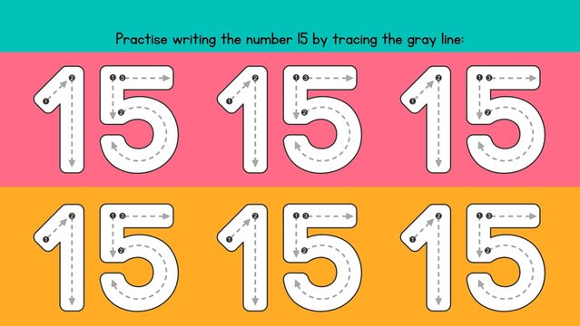 Educational Number 15 Tracing and Handwriting Practice Worksheet for Kids