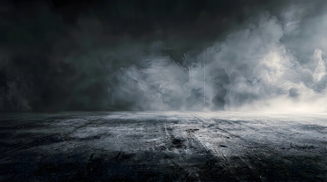 Dark moody atmosphere with a cracked concrete floor and thick swirling gray smoke rising into a dark overcast sky in a cinematic setting