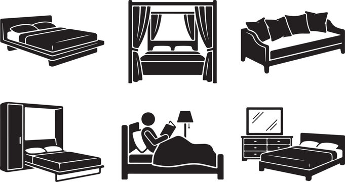 Set of six black silhouette showing various bedroom furniture, including a canopy bed, a sofa, a murphy bed, and a bed with a dresser