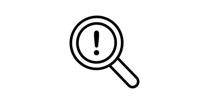 Magnifying glass with exclamation mark for search and alert icon.