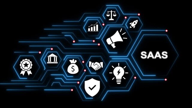 Dynamic saas software as a service digital concept animation featuring glowing hexagonal network connections, business growth financial strategy symbols, and modern corporate technology infographics