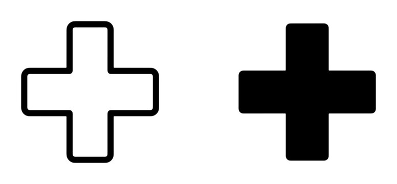 Plus sign silhouettes set with outline and solid shapes for medical or cross symbol design