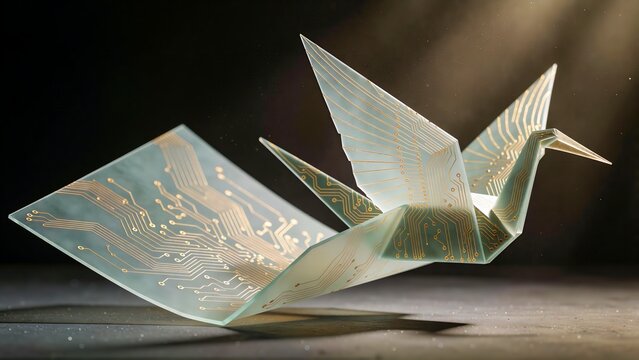 Futuristic origami crane with circuit board patterns
