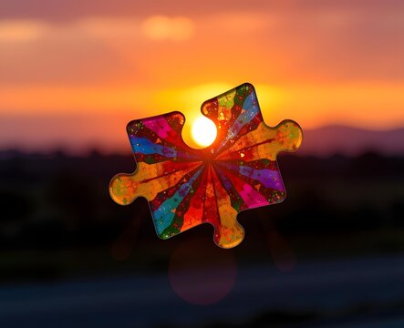 Colorful jigsaw puzzle piece sculpture in front of vibrant sunset sky with horizon