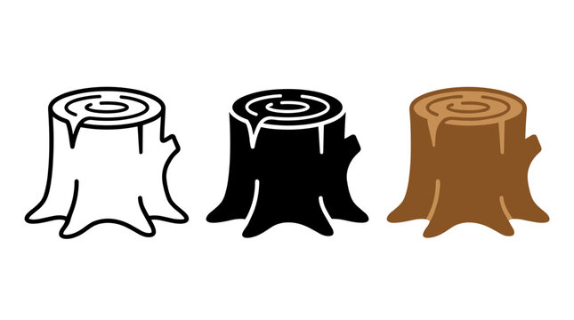Tree stump icon set featuring silhouette outline and flat color wood trunk