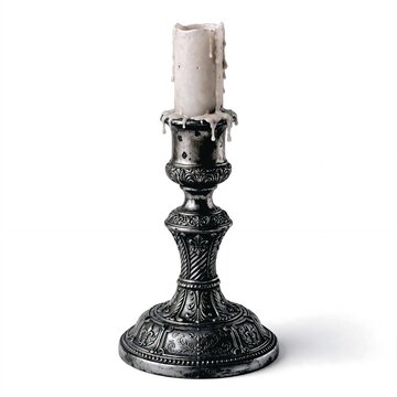 
Vintage Silver Candlestick With Melting White Candle Isolated On White Background
