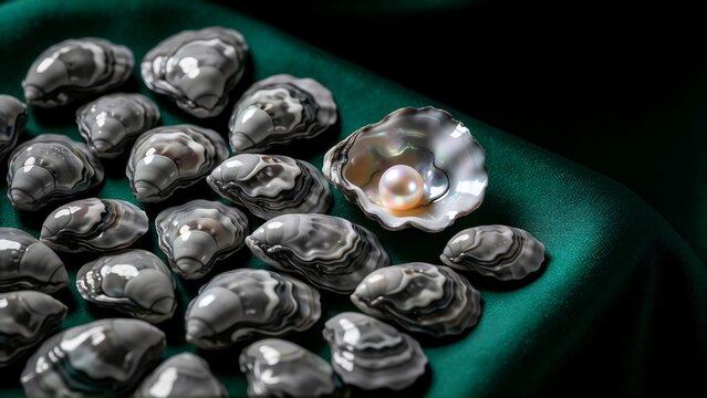 Open oyster shell with pearl among closed shells on green fabric