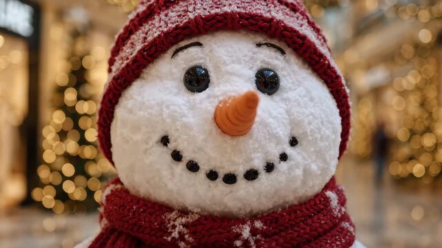 Close-up of a smiling snowman's face wearing a red knitted hat and scarf against the backdrop of festive shopping mall lights; a Christmas video portrait.