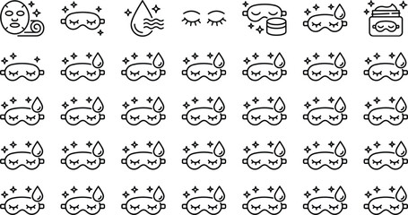 Obraz premium Sleeping eye mask line icons set with beauty face treatment sheets and moisturizing creams for overnight relaxation vector