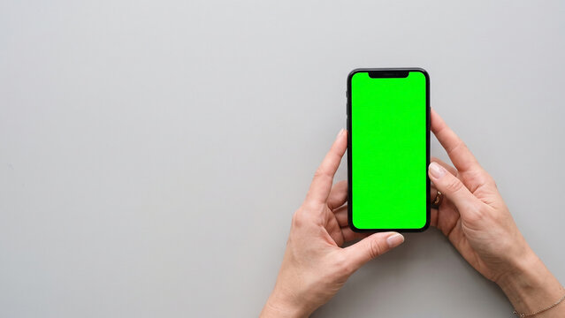 hand holding smartphone with green screen, minimalistic editorial aesthetic on white background